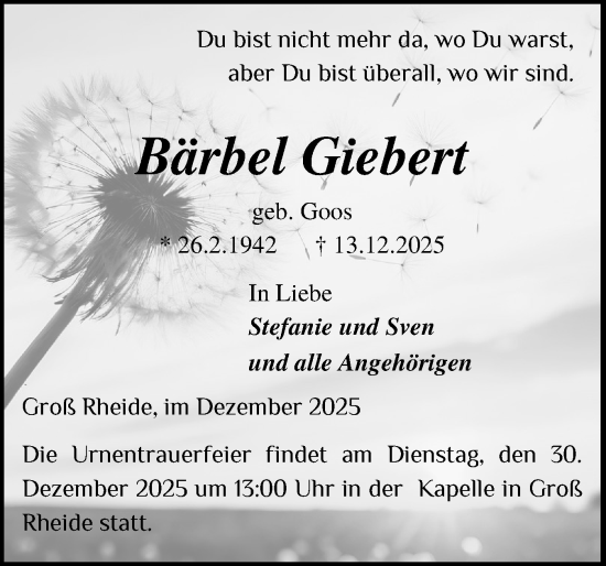 Traueranzeige von Bärbel Giebert von Schleswig-Holsteinische Landeszeitung