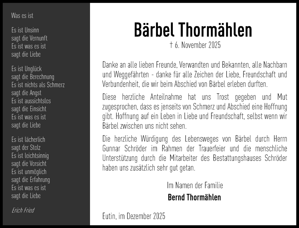  Traueranzeige für Bärbel Thormählen vom 06.12.2025 aus Ostholsteiner Anzeiger