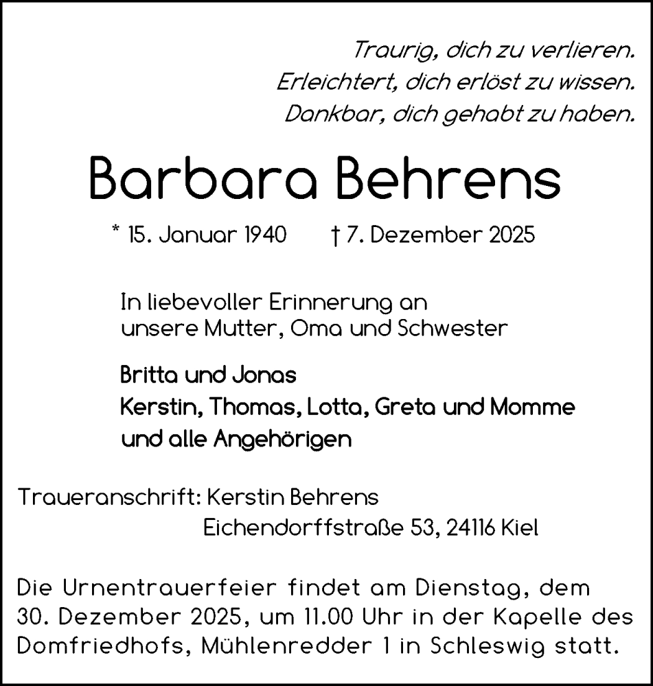  Traueranzeige für Barbara Behrens vom 20.12.2025 aus Schleswiger Nachrichten, Schlei-Bote