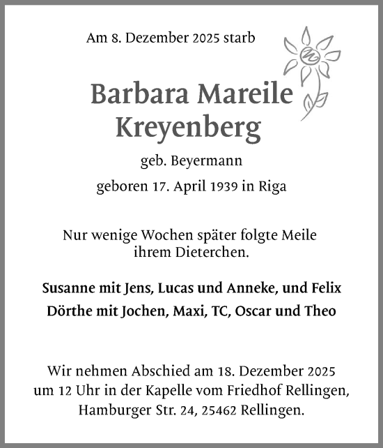 Traueranzeige von Barbara Mareile Kreyenberg von Region Pinneberg und tip Pinneberg