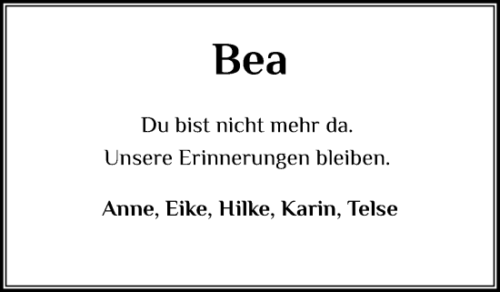 Traueranzeige von Bea  von Sylter Rundschau