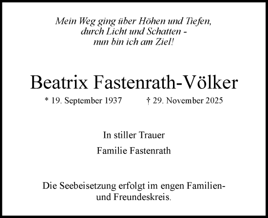Traueranzeige von Beatrix Fastenrath-Völker von Sylter Rundschau