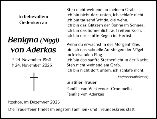 Traueranzeige von Benigna von Aderkas von Norddeutsche Rundschau, Wilstersche Zeitung, Glückstädter Fortuna