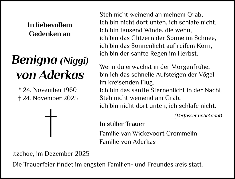  Traueranzeige für Benigna von Aderkas vom 06.12.2025 aus Norddeutsche Rundschau, Wilstersche Zeitung, Glückstädter Fortuna