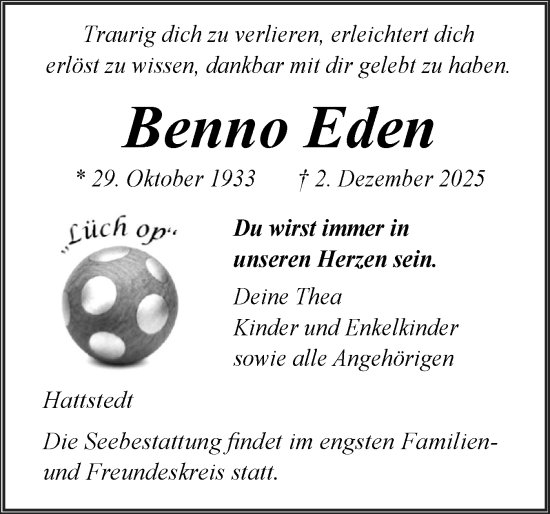 Traueranzeige von Benno Eden von Husumer Nachrichten, Nordfriesland Tageblatt