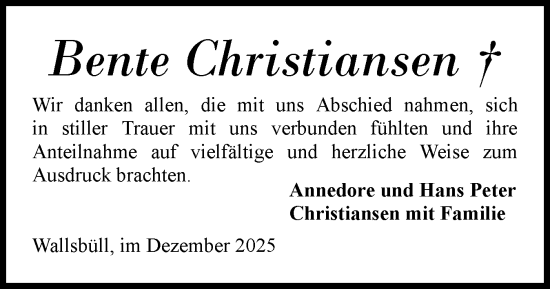 Traueranzeige von Bente Christiansen von Flensburger Tageblatt