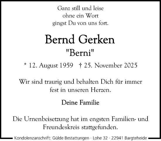 Traueranzeige von Bernd Gerken von MARKT Ahrensburg/Bargteheide/Trittau und Stormarner Tageblatt
