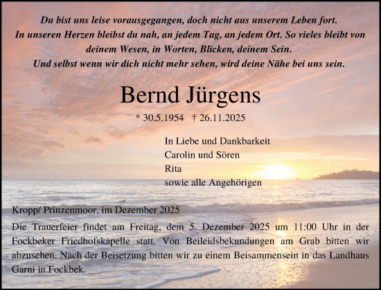 Traueranzeige von Bernd Jürgens von Schleswig-Holsteinische Landeszeitung