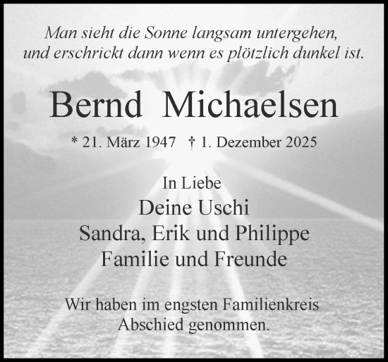 Traueranzeige von Bernd Michaelsen von Uetersener Nachrichten, Der tip am Wochenende