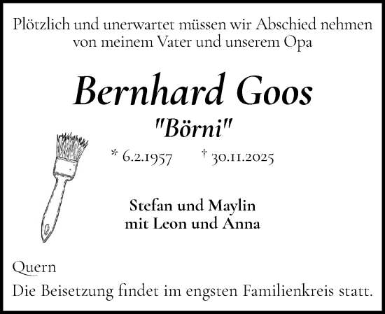 Traueranzeige von Bernhard Goos von Flensburger Tageblatt