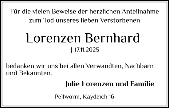 Traueranzeige von Bernhard Lorenzen von Husumer Nachrichten, Nordfriesland Tageblatt