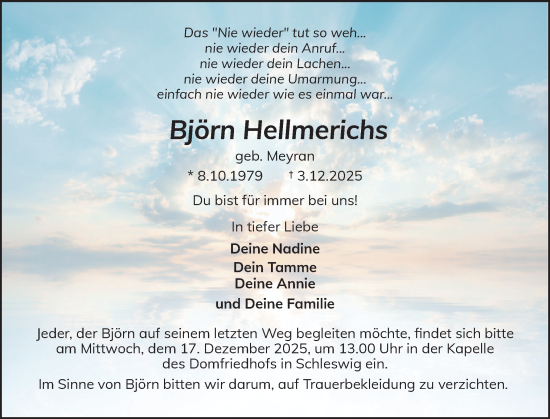 Traueranzeige von Björn Hellmerichs von Schleswiger Nachrichten, Schlei-Bote