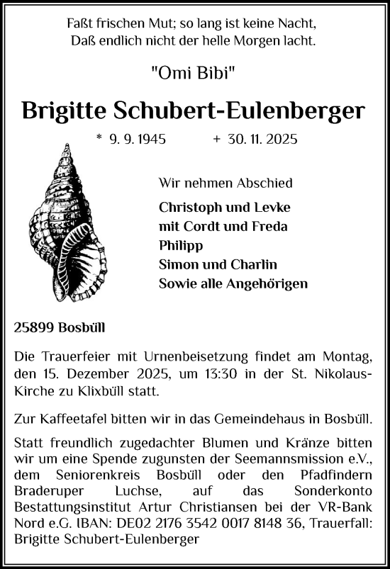 Traueranzeige von Brigitte Schubert-Eulenberger von Husumer Nachrichten, Nordfriesland Tageblatt