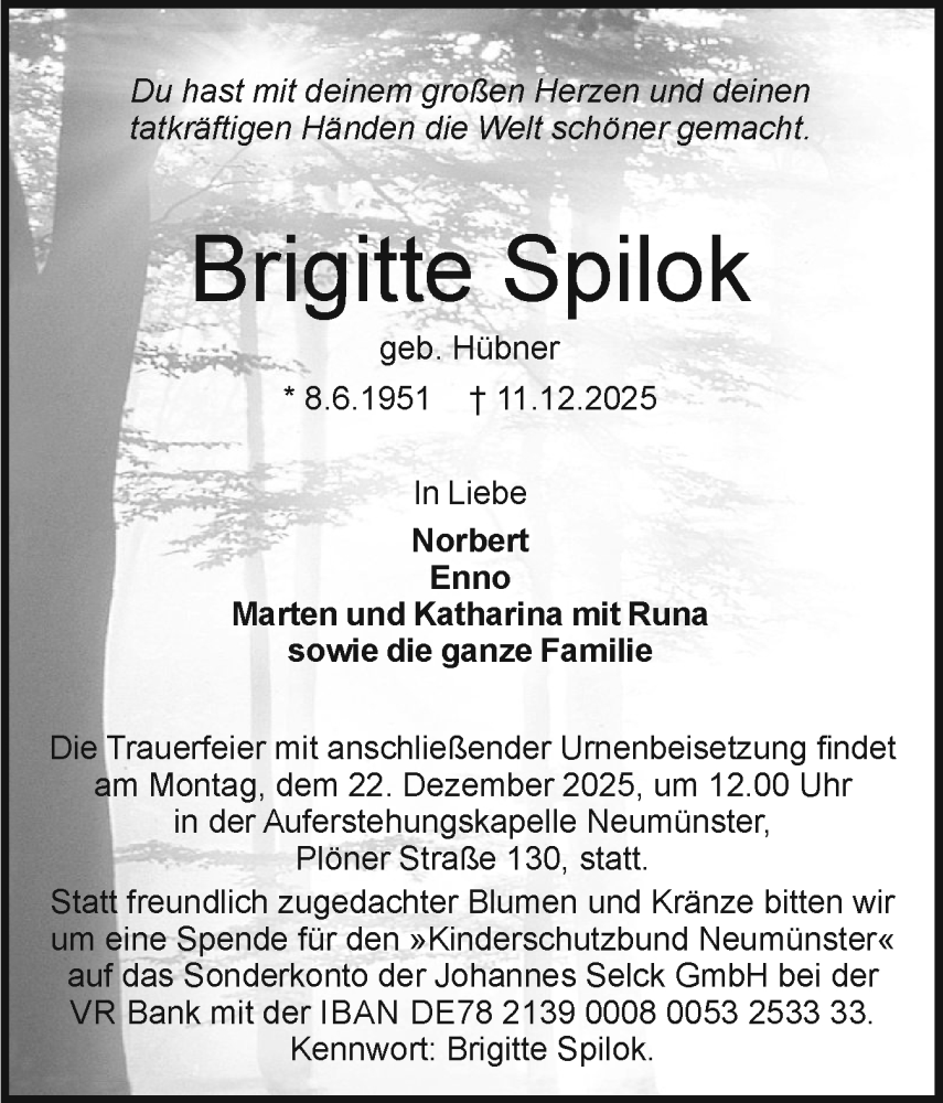  Traueranzeige für Brigitte Spilok vom 20.12.2025 aus Holsteinischer Courier