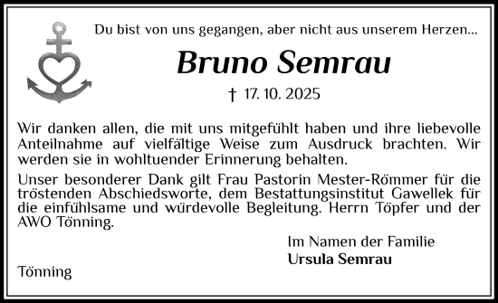Traueranzeige von Bruno Semrau von Husumer Nachrichten, Nordfriesland Tageblatt