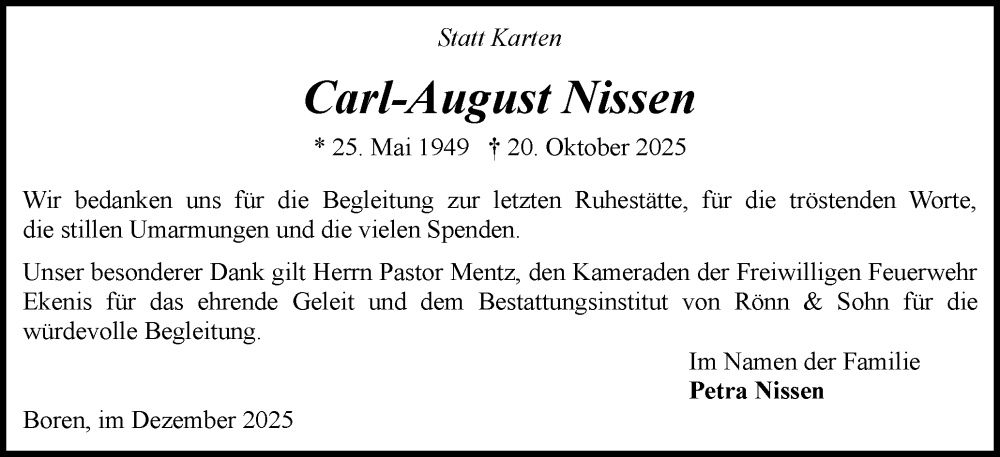  Traueranzeige für Carl-August Nissen vom 06.12.2025 aus Schleswiger Nachrichten, Schlei-Bote
