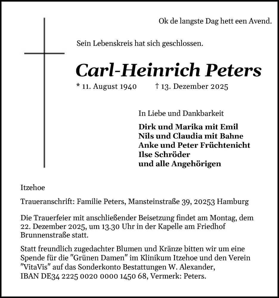  Traueranzeige für Carl-Heinrich Peters vom 20.12.2025 aus Norddeutsche Rundschau, Wilstersche Zeitung, Glückstädter Fortuna
