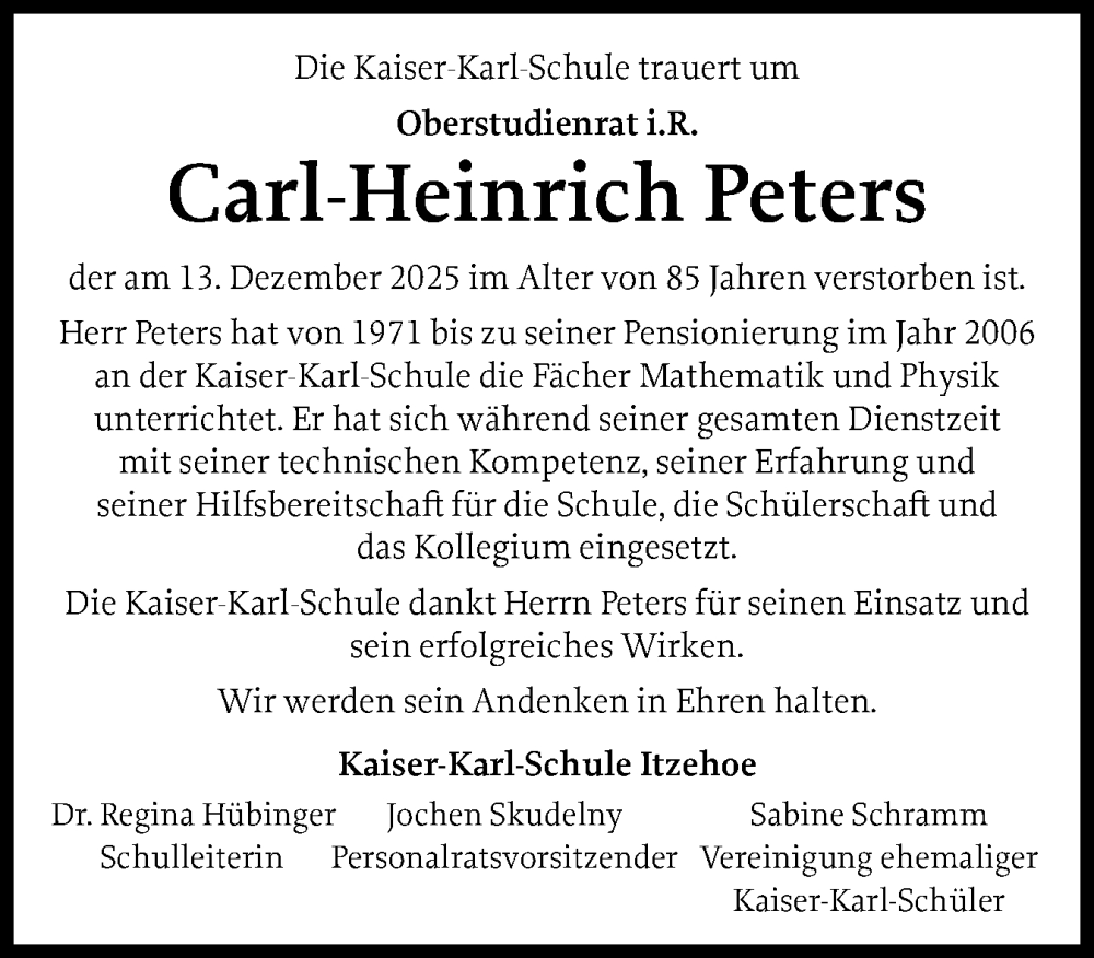  Traueranzeige für Carl-Heinrich Peters vom 27.12.2025 aus Norddeutsche Rundschau, Wilstersche Zeitung, Glückstädter Fortuna