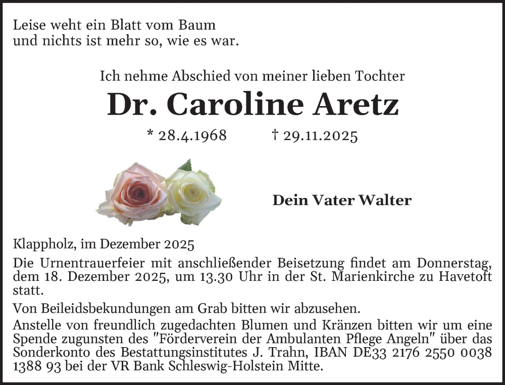  Traueranzeige für Caroline Aretz vom 13.12.2025 aus Schleswiger Nachrichten, Schlei-Bote