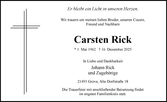 Traueranzeige von Carsten Rick von Wochenend Anzeiger