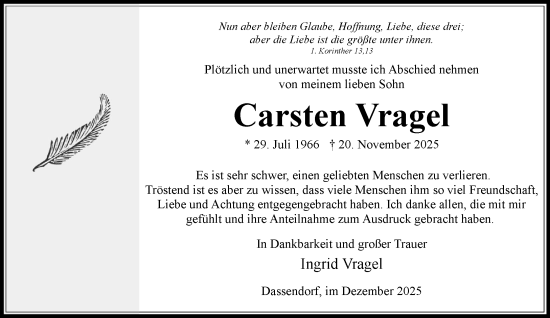 Traueranzeige von Carsten Vragel von Wochenend Anzeiger
