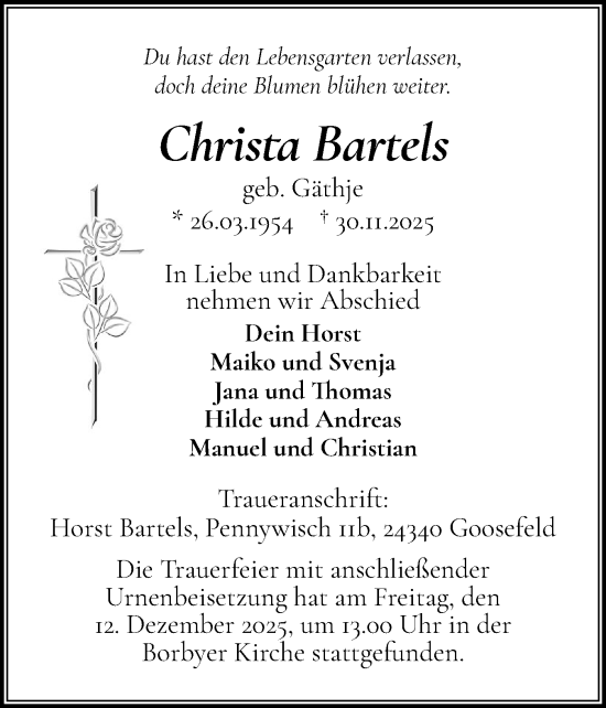 Traueranzeige von Christa Bartels von Hallo Eckernförde