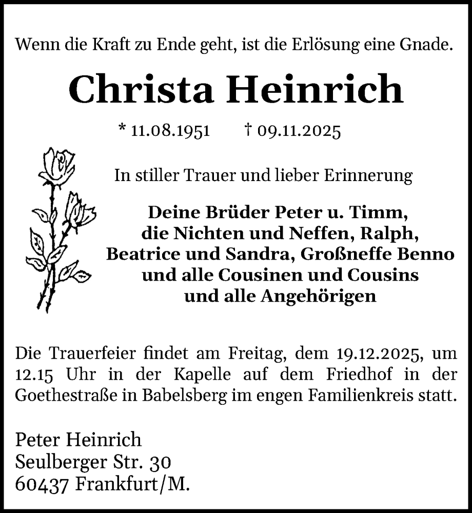  Traueranzeige für Christa Heinrich vom 13.12.2025 aus Flensburger Tageblatt