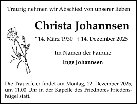 Traueranzeige von Christa Johannsen von Flensburger Tageblatt