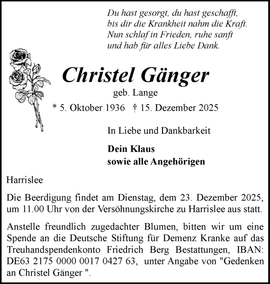 Traueranzeige von Christel Gänger von Flensburger Tageblatt