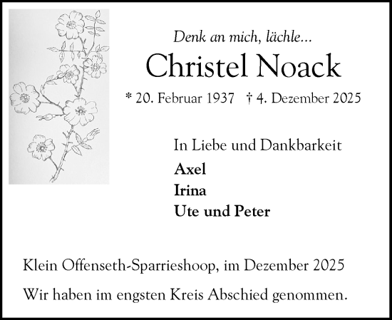 Traueranzeige von Christel Noack von Elmshorner Nachrichten, Barmstedter Zeitung