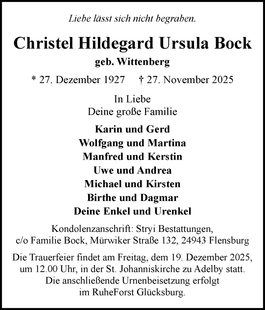  Traueranzeige für Christel Hildegard Ursula Bock vom 06.12.2025 aus Flensburger Tageblatt