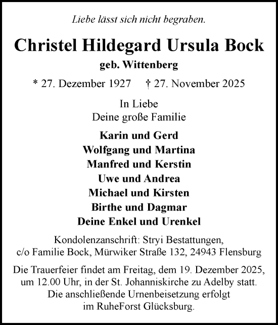 Traueranzeige von Christel Hildegard Ursula Bock von Flensburger Tageblatt