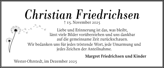 Traueranzeige von Christian Friedrichsen von Husumer Nachrichten, Nordfriesland Tageblatt