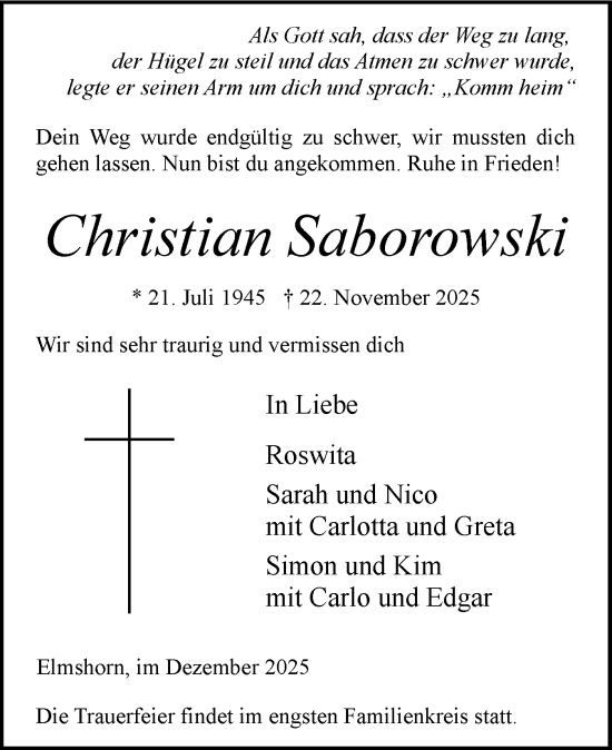 Traueranzeige von Christian Saborowski von Elmshorner Nachrichten, Barmstedter Zeitung