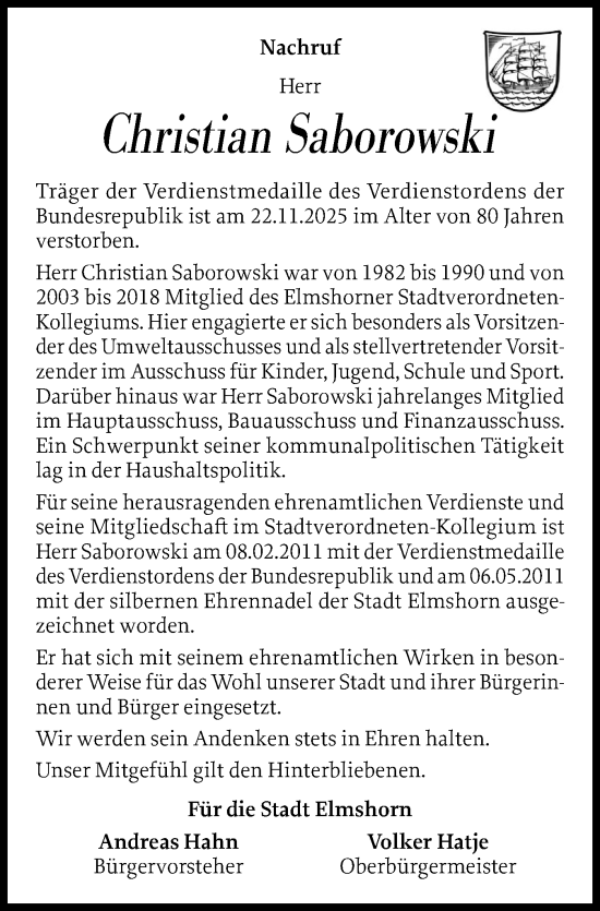 Traueranzeige von Christian Saborowski von Elmshorner Nachrichten, Barmstedter Zeitung