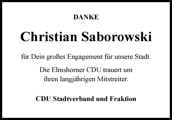 Traueranzeige von Christian Saborowski von Elmshorner Nachrichten, Barmstedter Zeitung