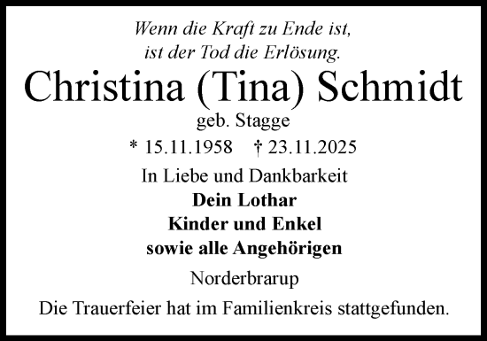 Traueranzeige von Christina Schmidt von Schleswiger Nachrichten, Schlei-Bote