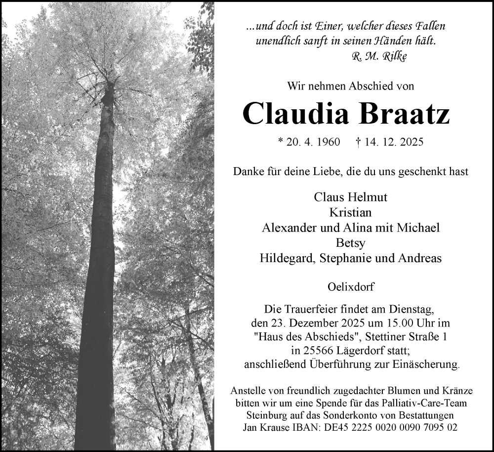  Traueranzeige für Claudia Braatz vom 20.12.2025 aus Norddeutsche Rundschau, Wilstersche Zeitung, Glückstädter Fortuna