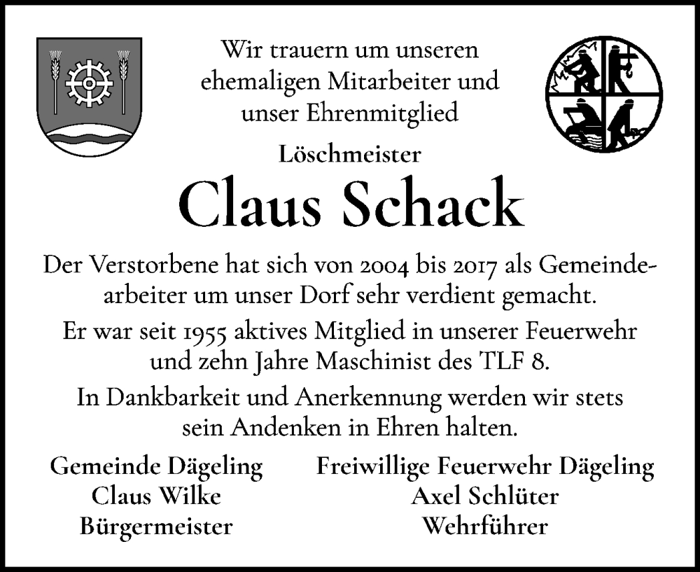  Traueranzeige für Claus Schack vom 13.12.2025 aus Norddeutsche Rundschau, Wilstersche Zeitung, Glückstädter Fortuna
