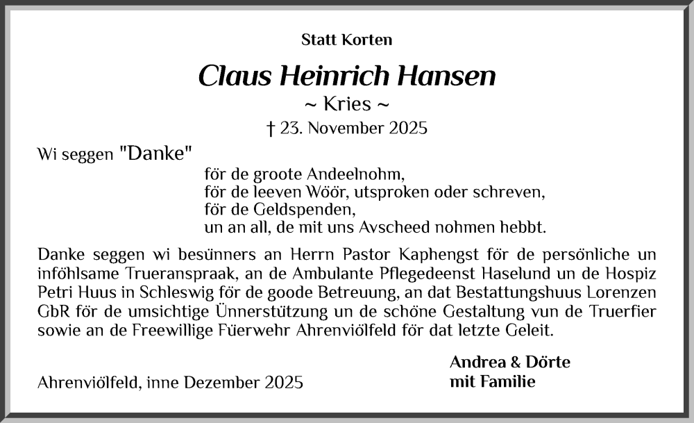  Traueranzeige für Claus Heinrich Hansen vom 20.12.2025 aus Husumer Nachrichten, Nordfriesland Tageblatt