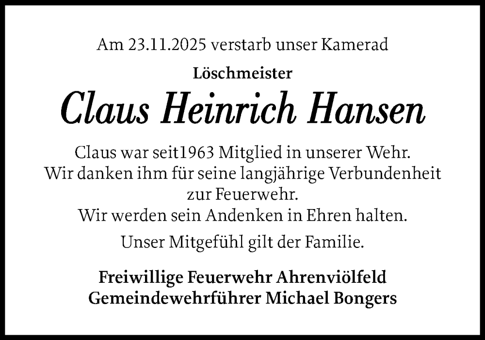  Traueranzeige für Claus Heinrich Hansen vom 04.12.2025 aus Husumer Nachrichten, Nordfriesland Tageblatt