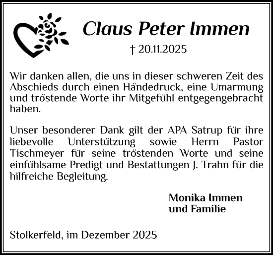 Traueranzeige von Claus Peter Immen von Schleswiger Nachrichten, Schlei-Bote