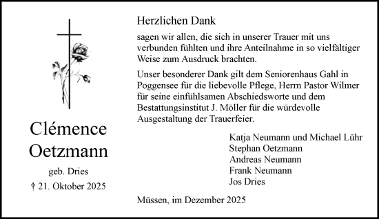 Traueranzeige von Clémence Oetzmann von Wochenend Anzeiger