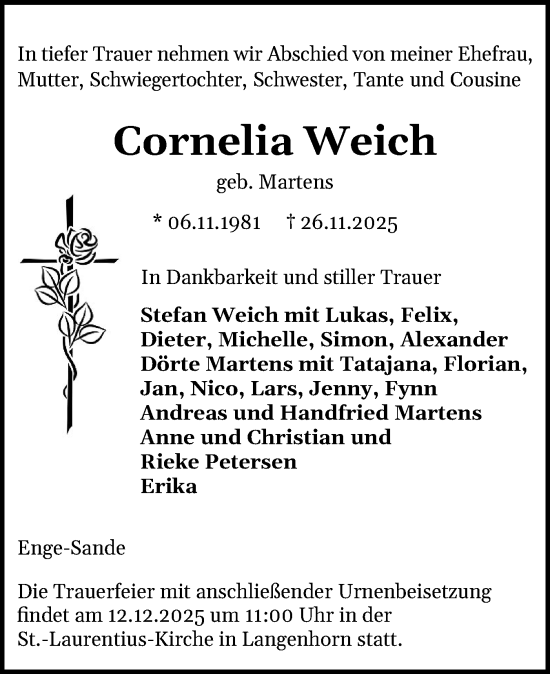 Traueranzeige von Cornelia Weich von Husumer Nachrichten, Nordfriesland Tageblatt