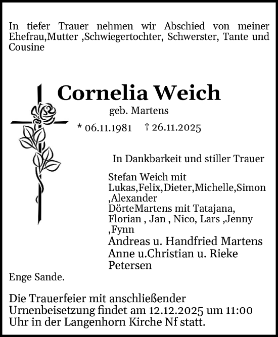 Traueranzeige von Cornelia Weich von Husumer Nachrichten, Nordfriesland Tageblatt