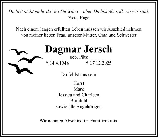 Traueranzeige von Dagmar Jersch von MARKT Ratzeburg/Mölln