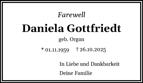 Traueranzeige von Daniela Gottfriedt von Digitale Anzeige