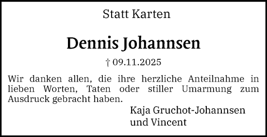 Traueranzeige von Dennis Johannsen von Schleswig-Holsteinische Landeszeitung
