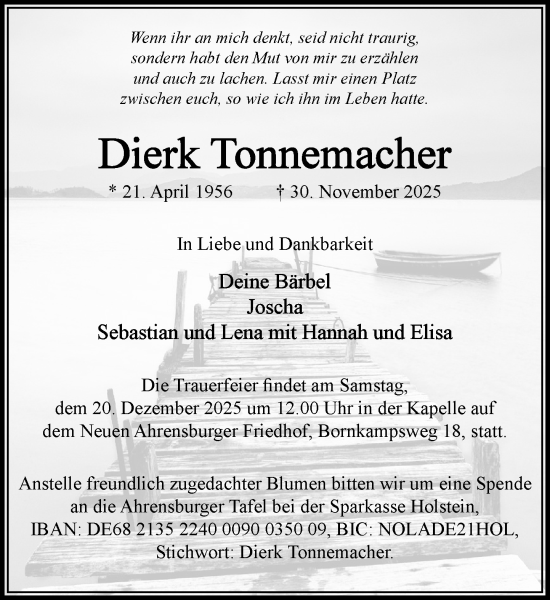 Traueranzeige von Dierk Tonnemacher von MARKT Ahrensburg/Bargteheide/Trittau und Stormarner Tageblatt
