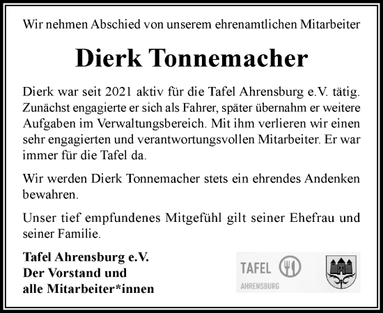 Traueranzeige von Dierk Tonnemacher von MARKT Ahrensburg/Bargteheide/Trittau und Stormarner Tageblatt